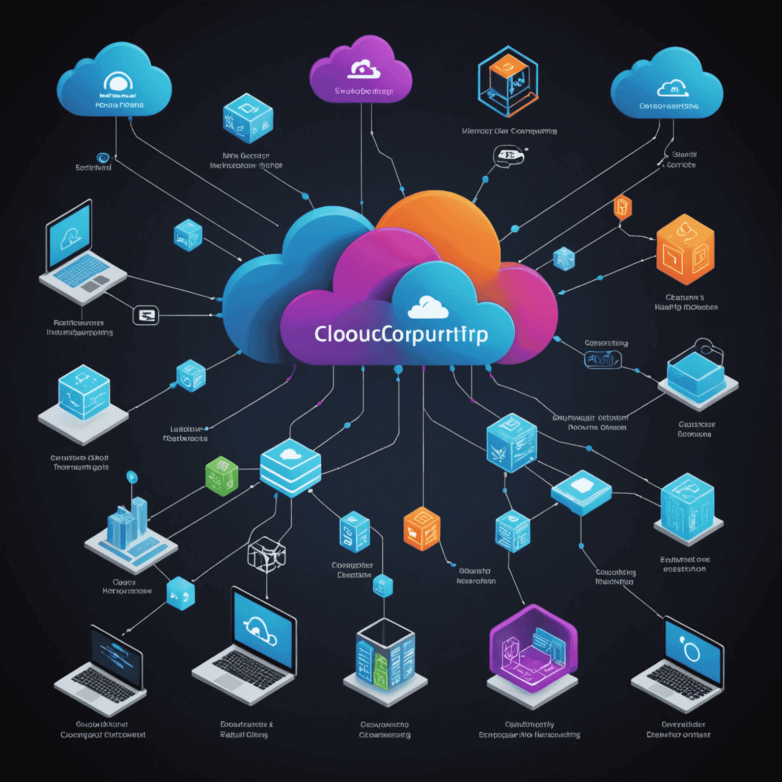 Imagen que muestra un diagrama de arquitectura de nube con varios servicios interconectados, incluyendo servidores virtuales, bases de datos, y servicios de almacenamiento. El diagrama utiliza iconos tecnológicos en colores neón sobre un fondo oscuro, representando visualmente los conceptos de computación en la nube que se enseñan en el curso.
